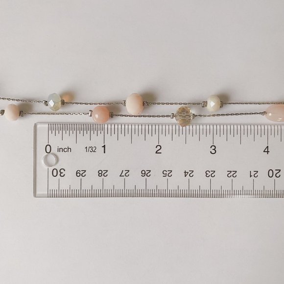 38" LOFT Pastel Pink Champagne Beaded Silver Chain Boho Double Strand Necklace - Picture 11 of 11